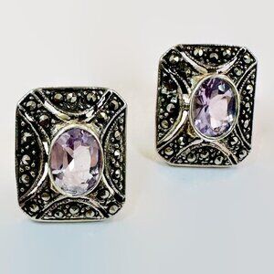 Amethyst Earrings, Sterling Silver, Vintage: Marcasite Art Deco Style Pierced